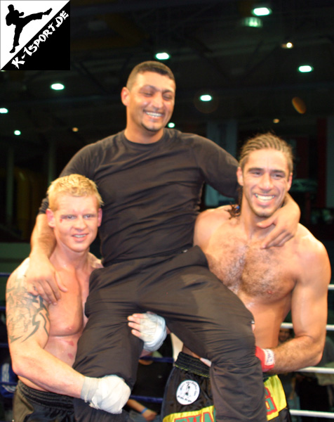 Christian Lüdeke, Trainer Reza Zahirnassab and Vukota Mirkovic (Christian Lüdeke, Vukota Mirkovic) (K-1 Germany Grand Prix 2005 in Koblenz)